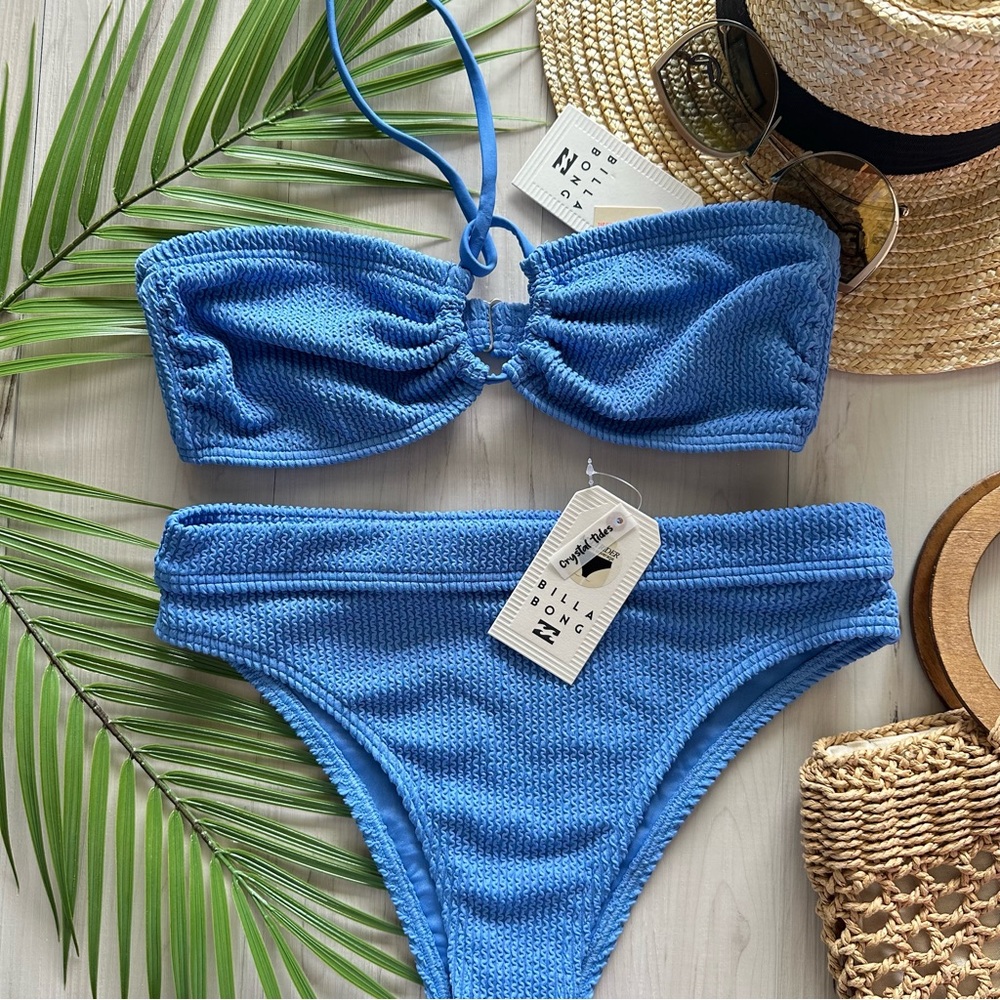 Billabong Ribbed Summer High Blue Drew Bandeau Bikini Top | Maui Rider Bottom - Picture 3 of 12